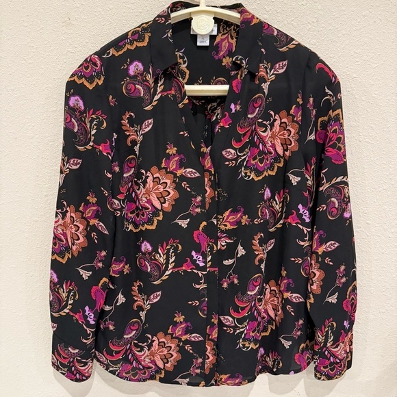 Liz Claiborne Tops - Liz Claiborne Paisley Button Down Blouse Long Sleeve Black Shirt Women’s Size PL